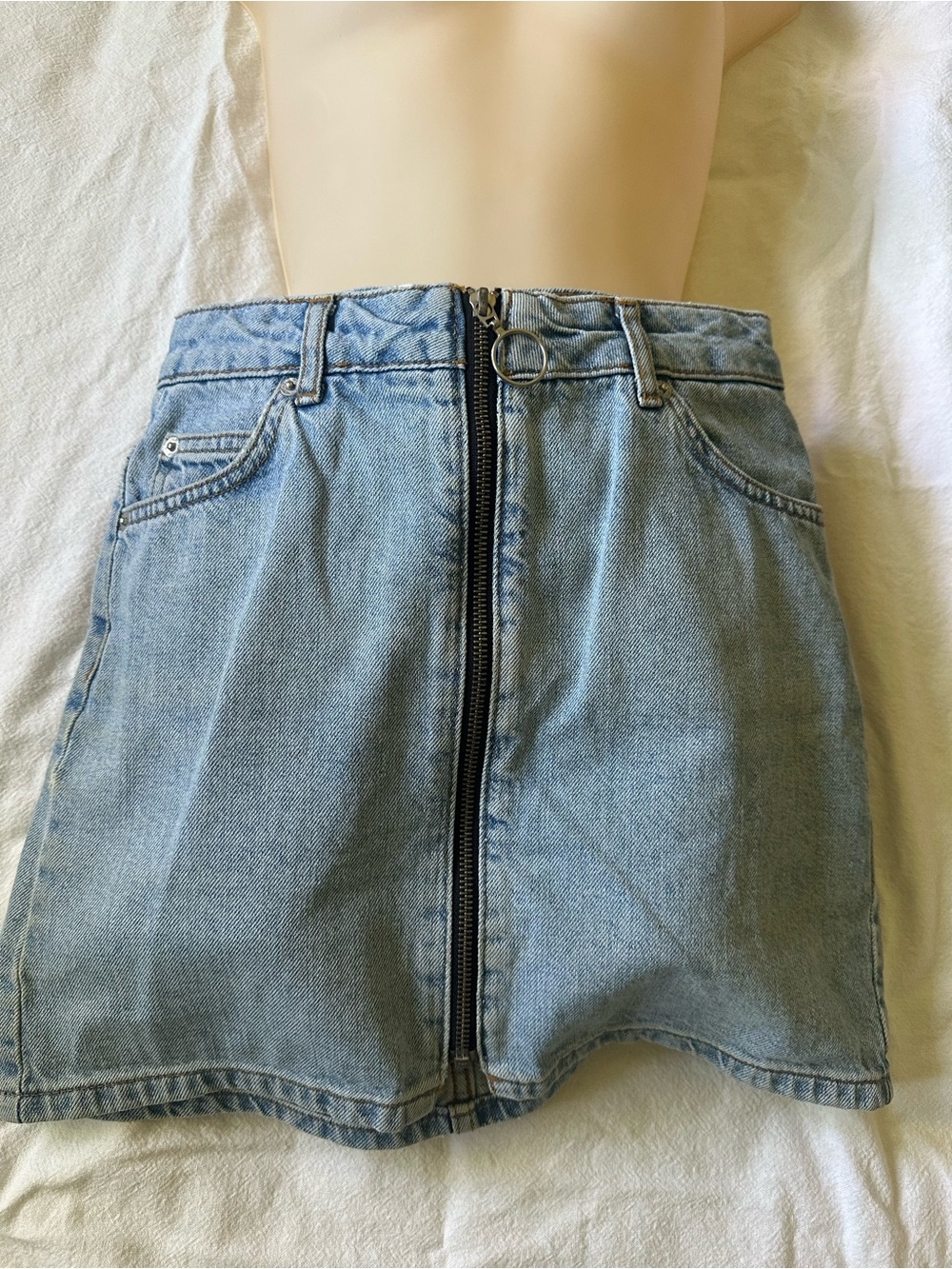 Light Blue Denim Zip-Front Mini Skirt top shop size 2